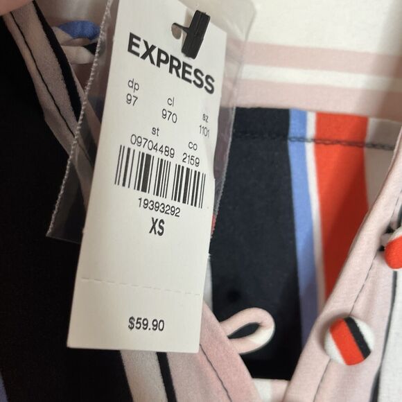 Express Portofino Slim Vertical Striped Ruffled Shirt Womens XS Career - Picture 6 of 9